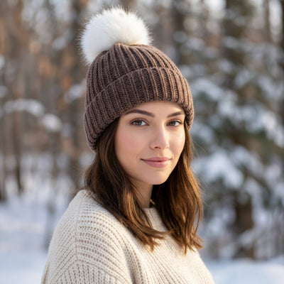 100% Alpaca Pom-Pom Channel Beanie Hat